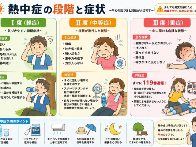 熱中症は3段階！症状を知って早めの対策をしましょう　熱中症で冷やす部位も覚えておきましょう！
