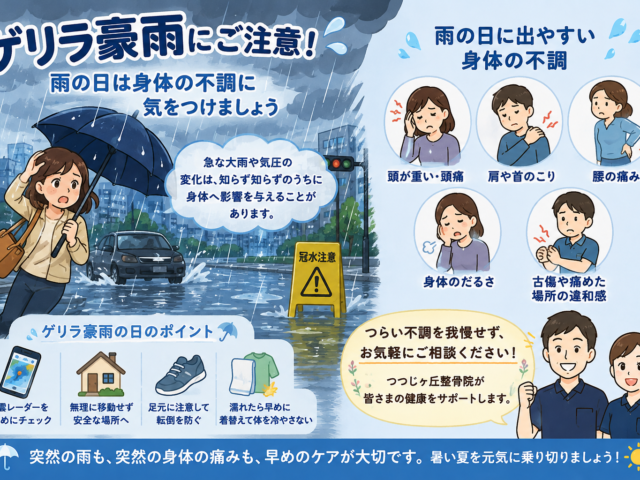 ゲリラ豪雨で身体の不調に注意！雨の日に増える頭痛・肩こり・腰痛対策　つつじヶ丘整骨院
