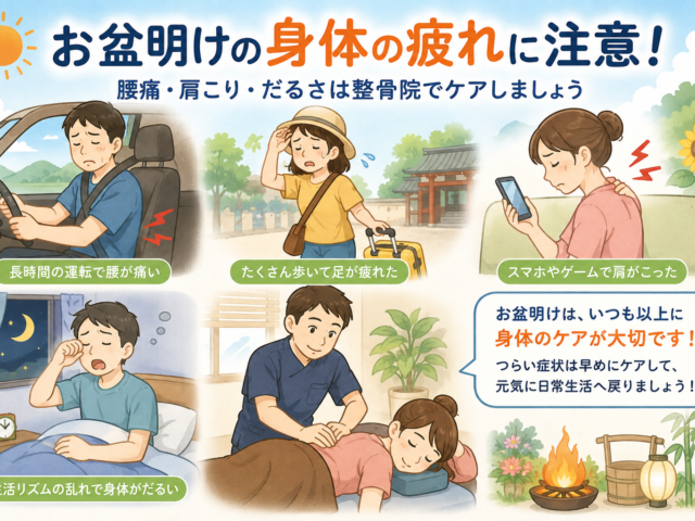 お盆明けの身体のだるさ・腰痛・肩こりに注意！夏の疲れを整骨院でケアしましょう